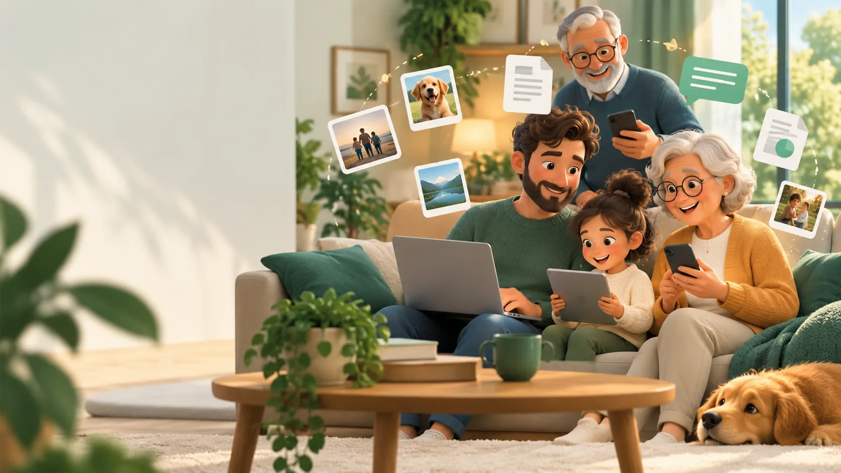 A family using private group chat to share photos and documents across their devices