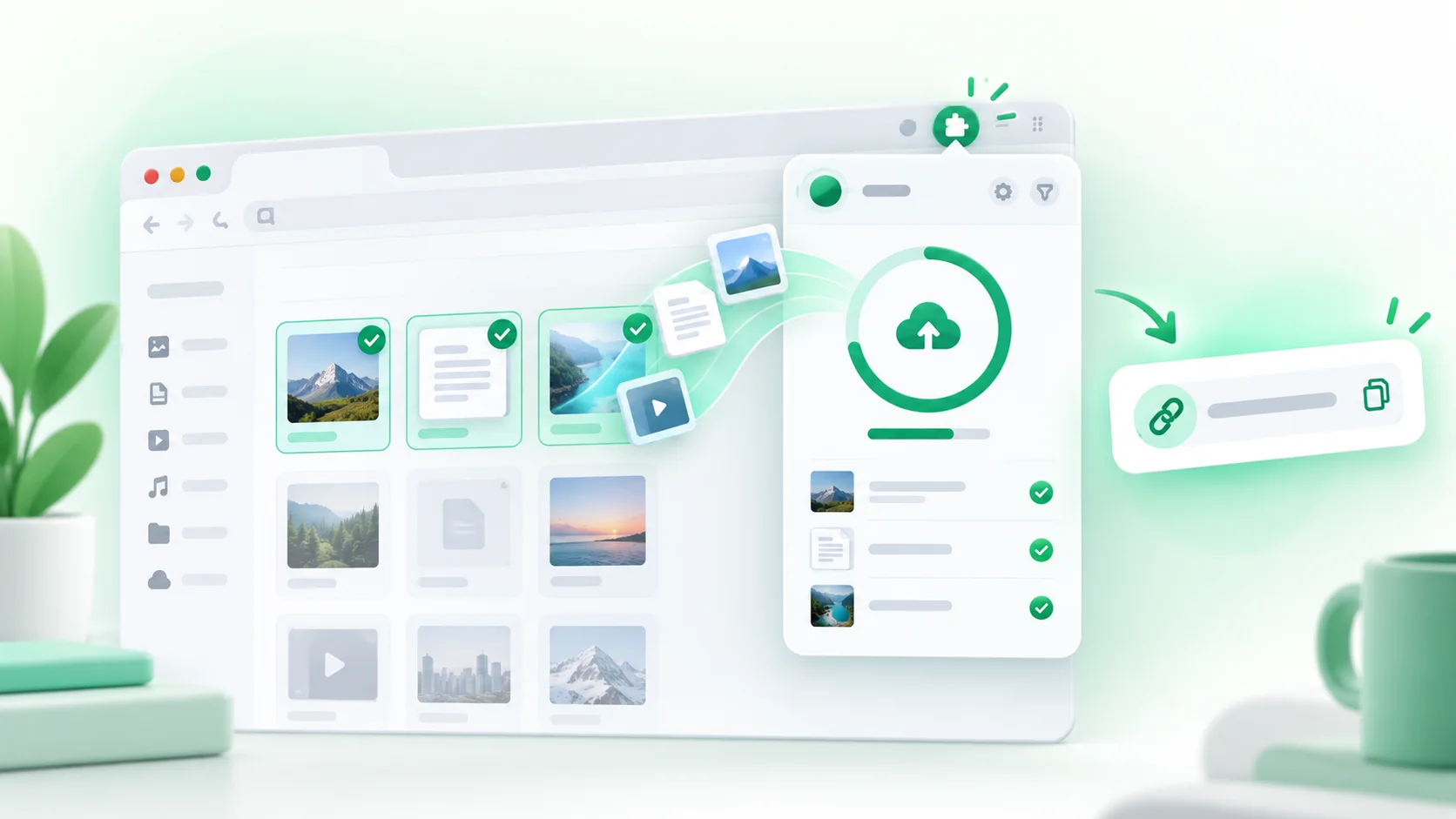 Illustration showing files uploading through a browser extension and becoming a shareable link